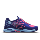 Blue and pink athletic shoe on a white background