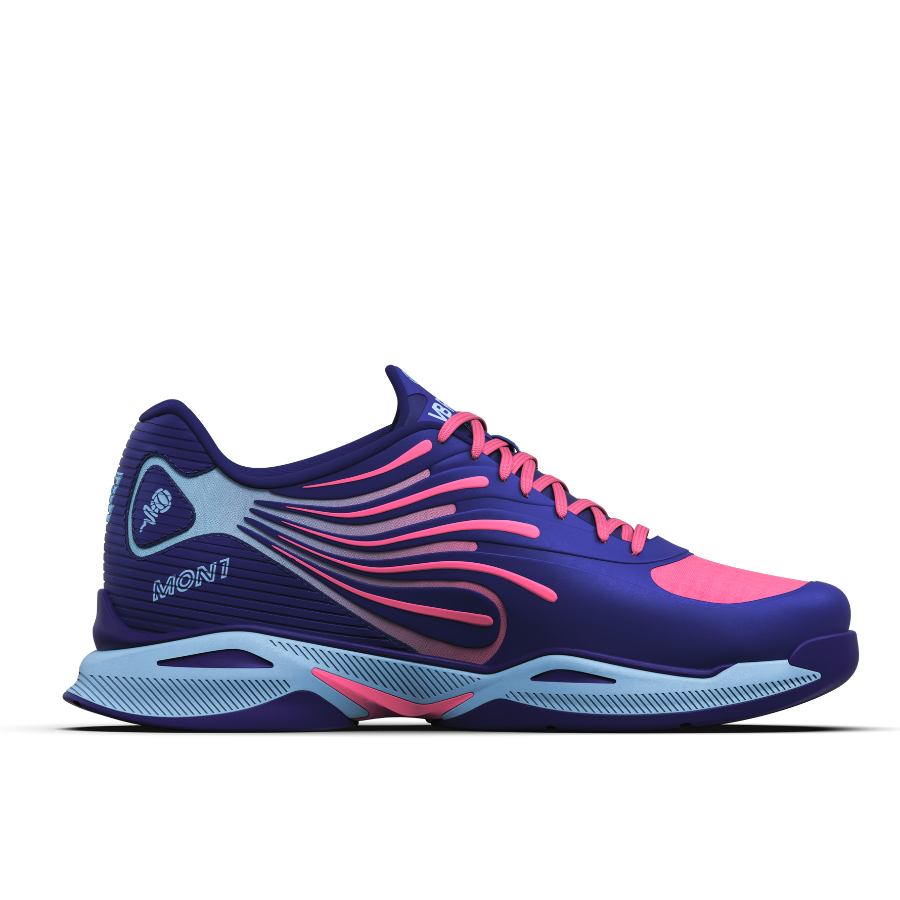 Blue and pink athletic shoe on a white background