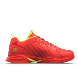 Red sports shoe with yellow accents on a white background