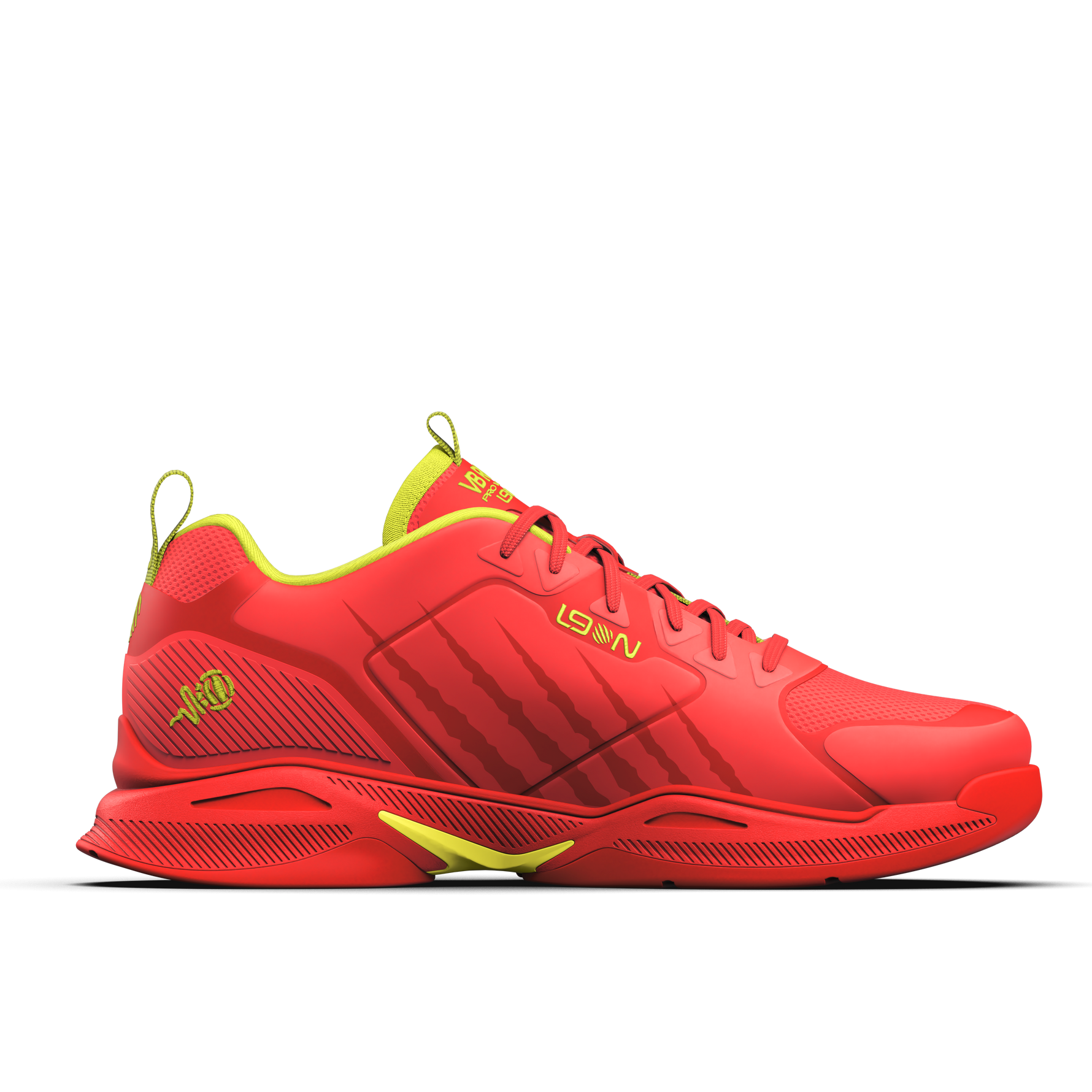 Red sports shoe with yellow accents on a white background