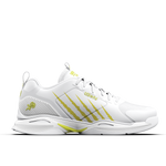 White athletic shoe with yellow accents on a white background