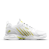 White athletic shoe with yellow accents on a white background