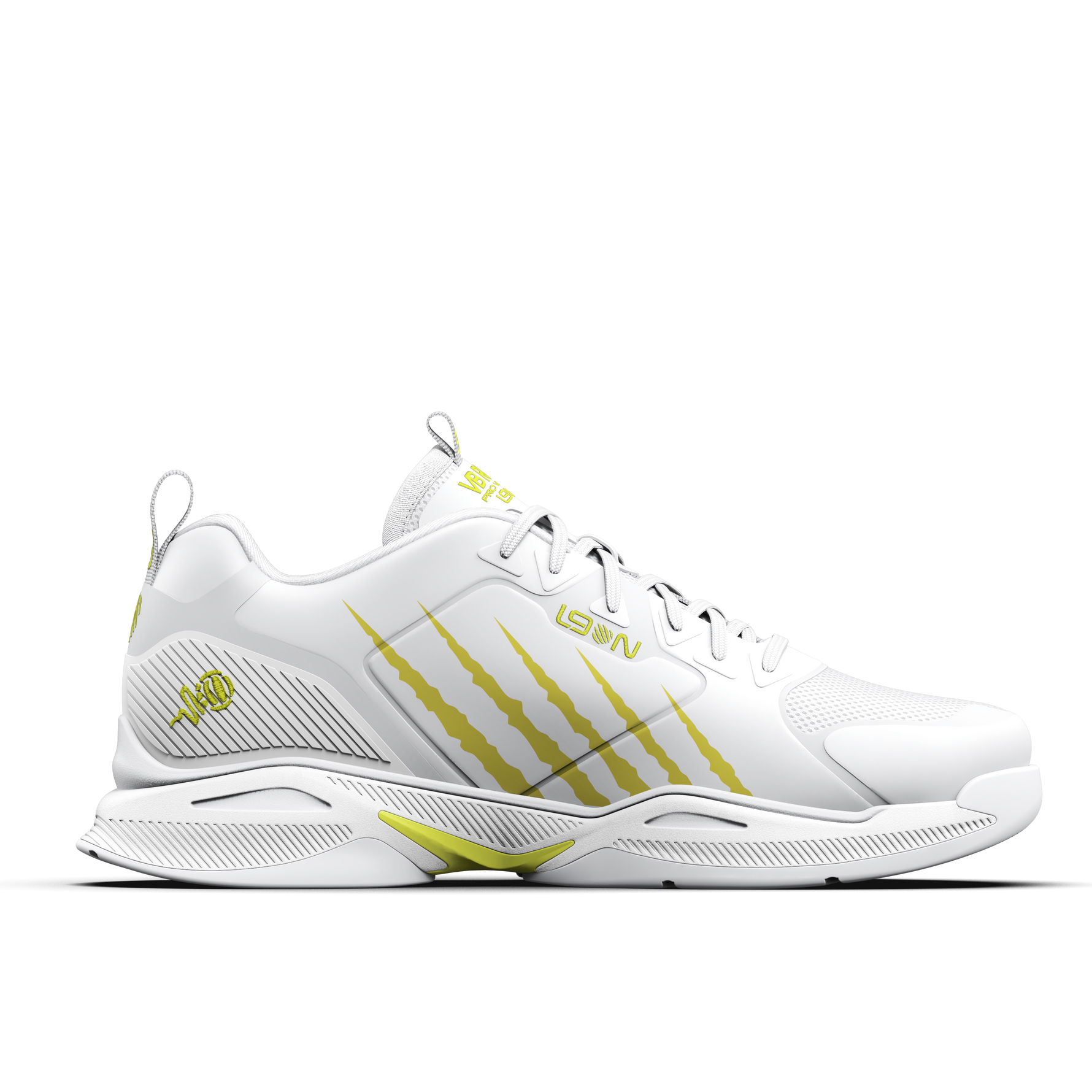 White athletic shoe with yellow accents on a white background