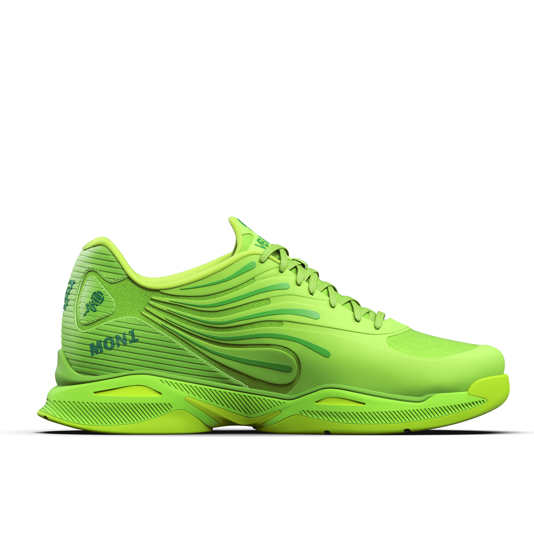 Bright green athletic shoe on a white background